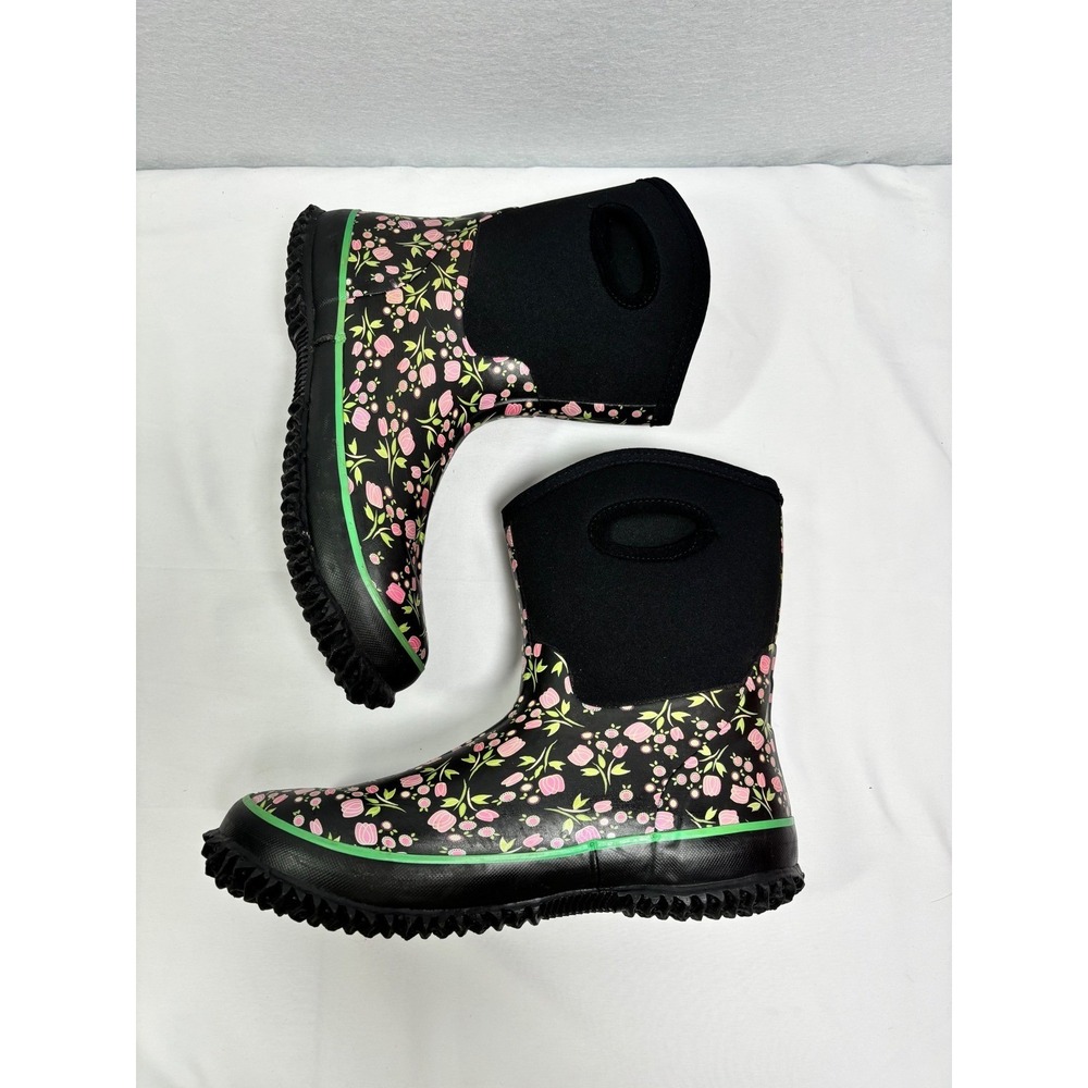 Perfect Storm Cloud Mid Tulip Rain Boots Womens 11 Black Pink Floral Waterproof - Picture 5 of 7
